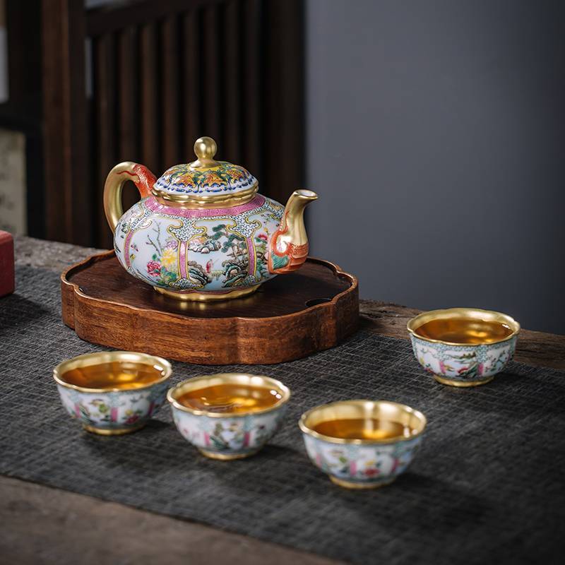 钟家窑 茶具套装 家用客厅景德镇珐琅彩茶杯描金山水花鸟一壶四杯