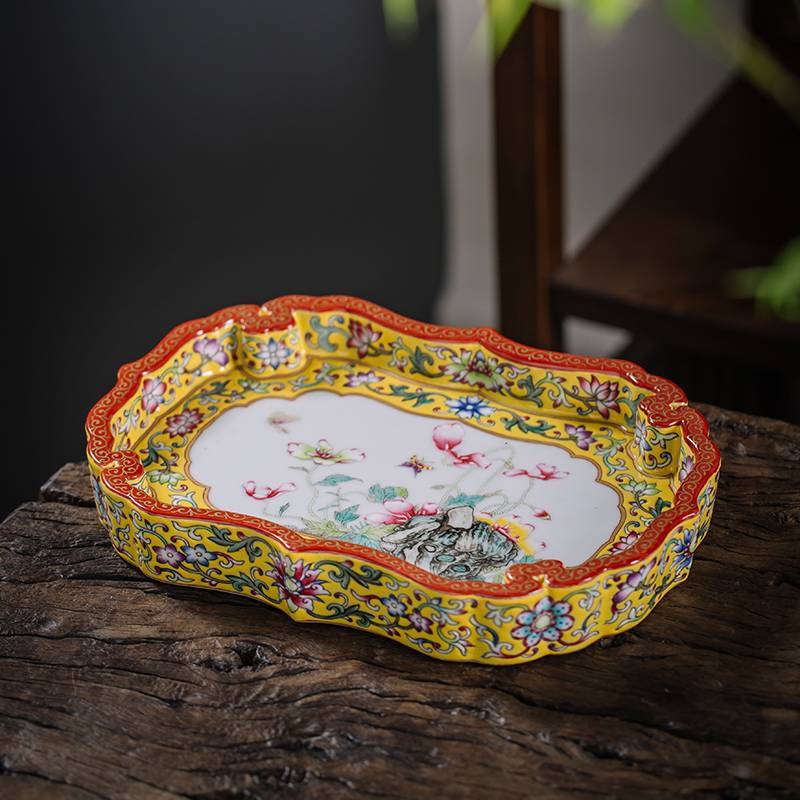 钟家窑 珐琅彩茶盘沥水盘景德镇茶具托盘高档功夫茶具配件茶盘排水