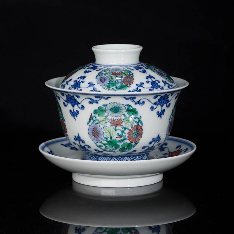钟家窑 盖碗景德镇青花斗彩柴窑泡茶三才盖碗全手工茶具大号团菊纹