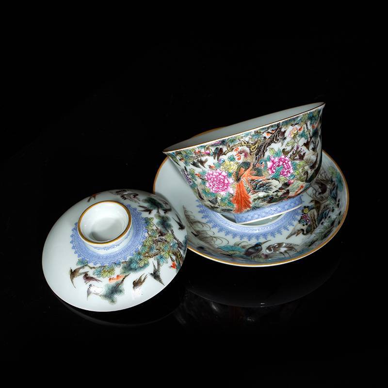 钟家窑 陶瓷盖碗景德镇全手工高端珐琅彩百鸟朝凤三才盖碗茶杯收藏