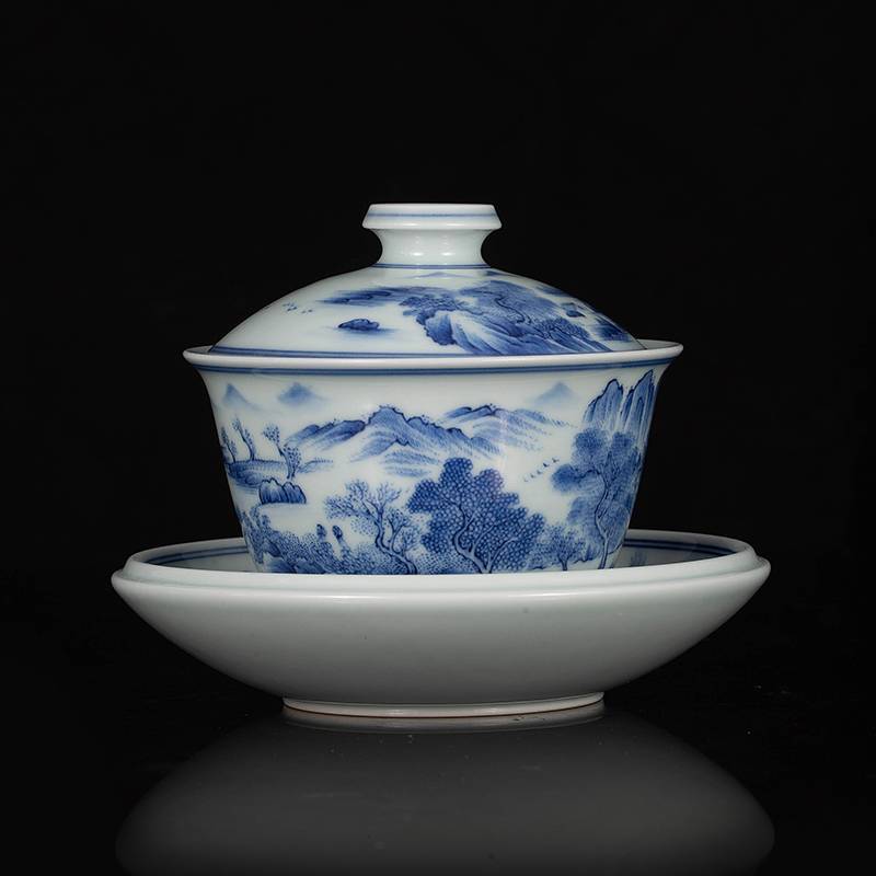 钟家窑 手工盖碗青花瓷景德镇陶瓷茶具柴窑青花手绘山水功夫泡茶碗