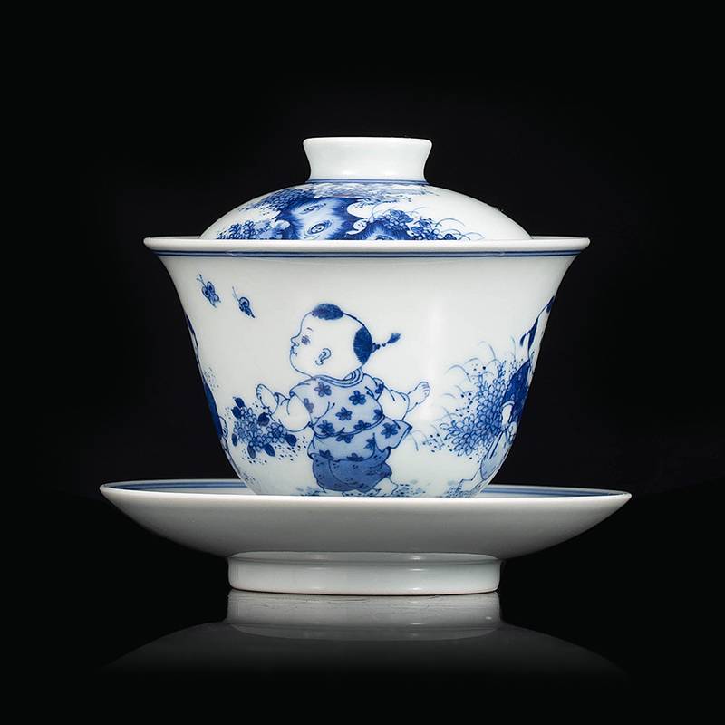 钟家窑 盖碗茶杯景德镇柴窑青花手绘人物细工童子功夫泡茶碗三才杯