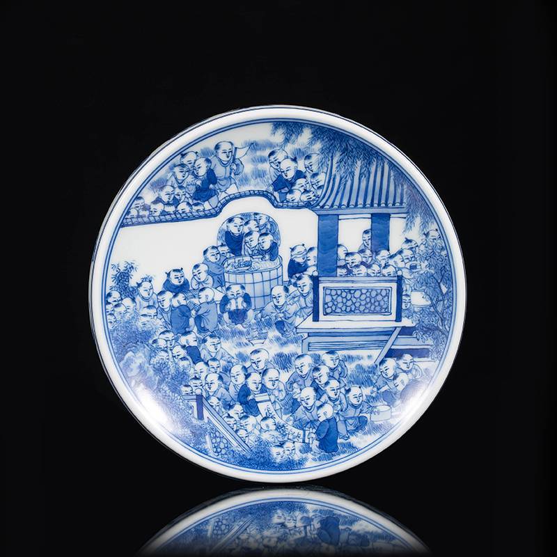 钟家窑 景德镇陶瓷盖置柴窑青花手绘人物百子图壶盖置盖托高端茶配