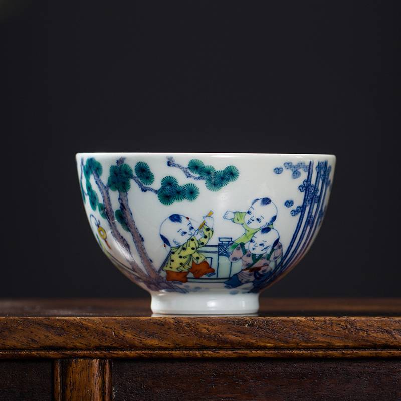 钟家窑 陶瓷茶杯 景德镇青花斗彩柴窑手绘人物童子主人杯单杯茶盏