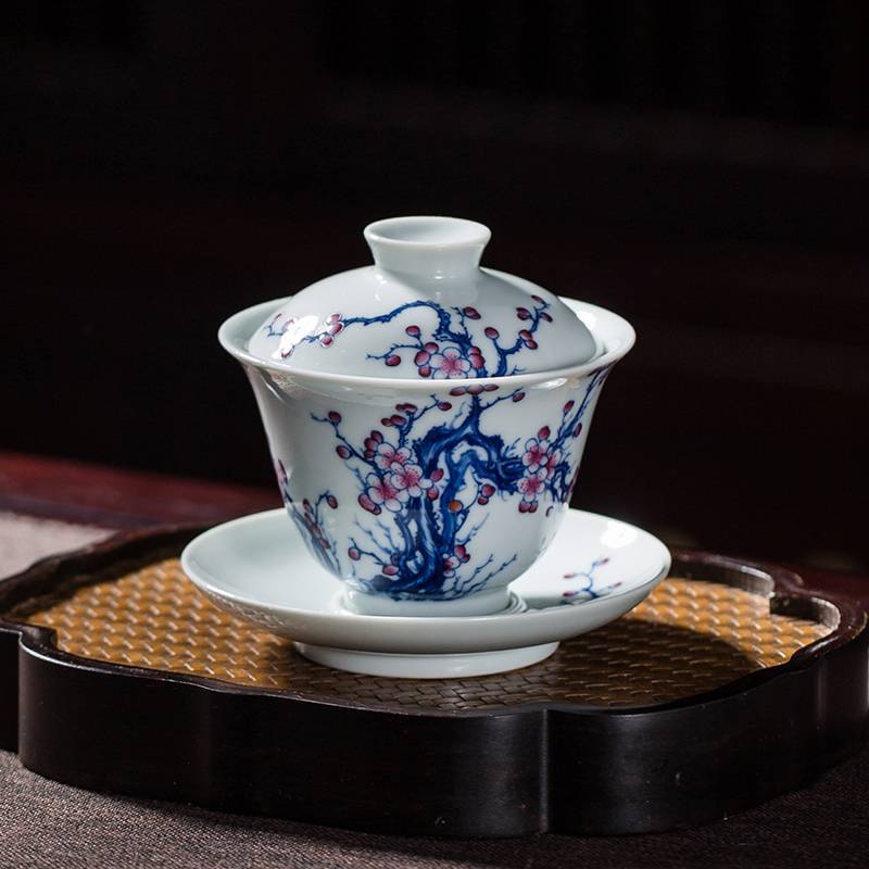 钟家窑 单个盖碗茶杯纯手绘梅花小号泡茶碗景德镇手工高端柴窑茶具