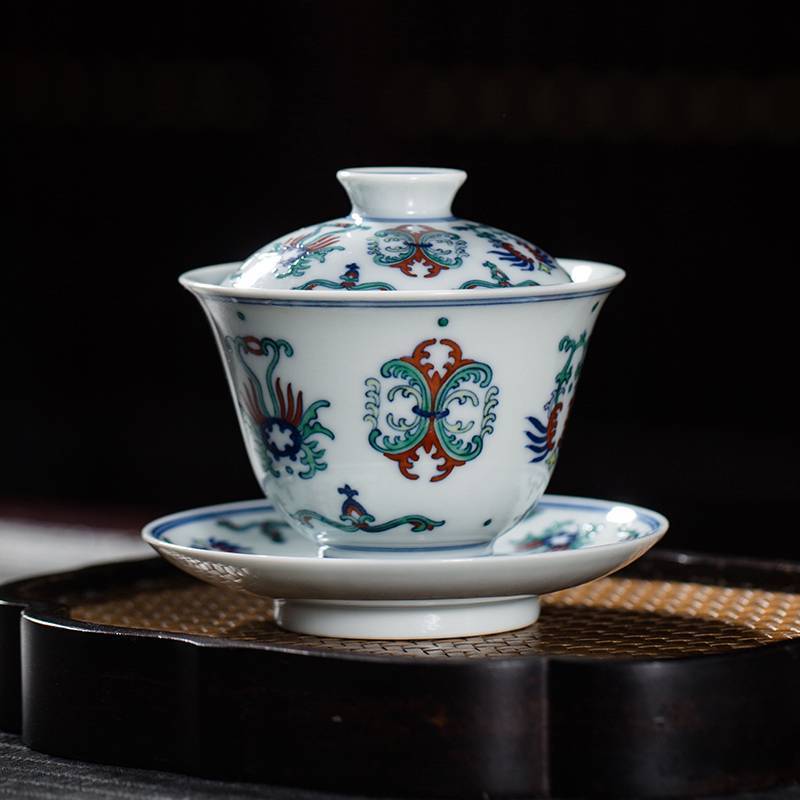 钟家窑 盖碗茶杯 柴窑青花斗彩手绘忍冬花纹功夫茶泡茶碗三才盖碗