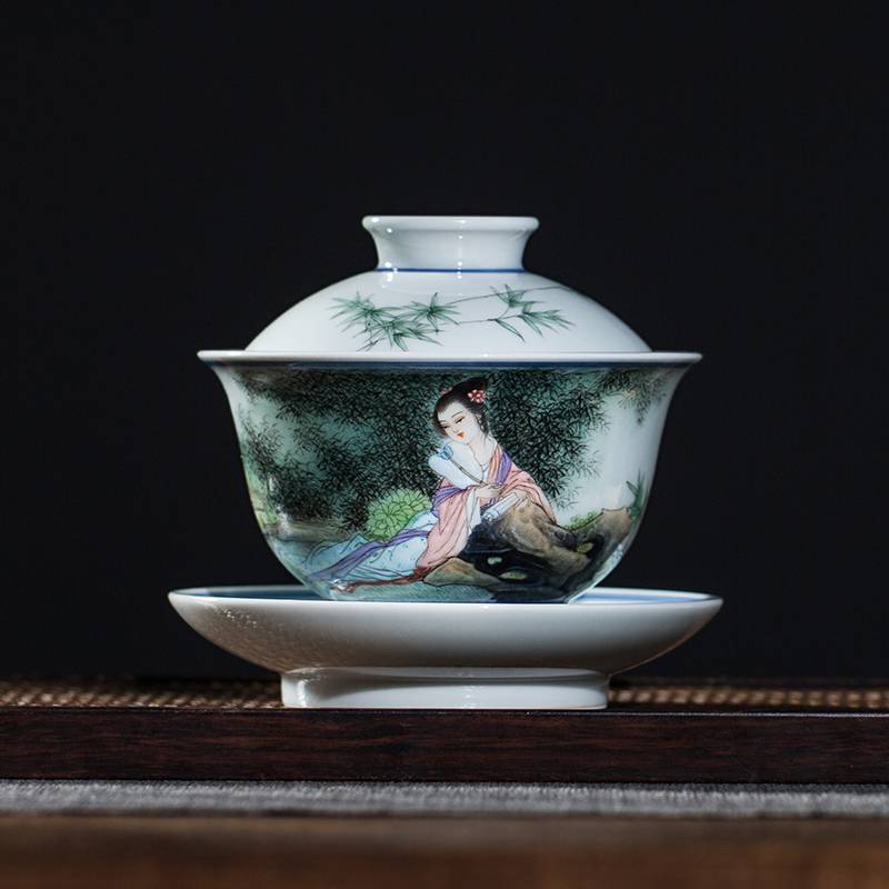 钟家窑 盖碗茶杯景德镇茶具手工手绘粉彩竹林仕女图泡茶碗三才碗杯