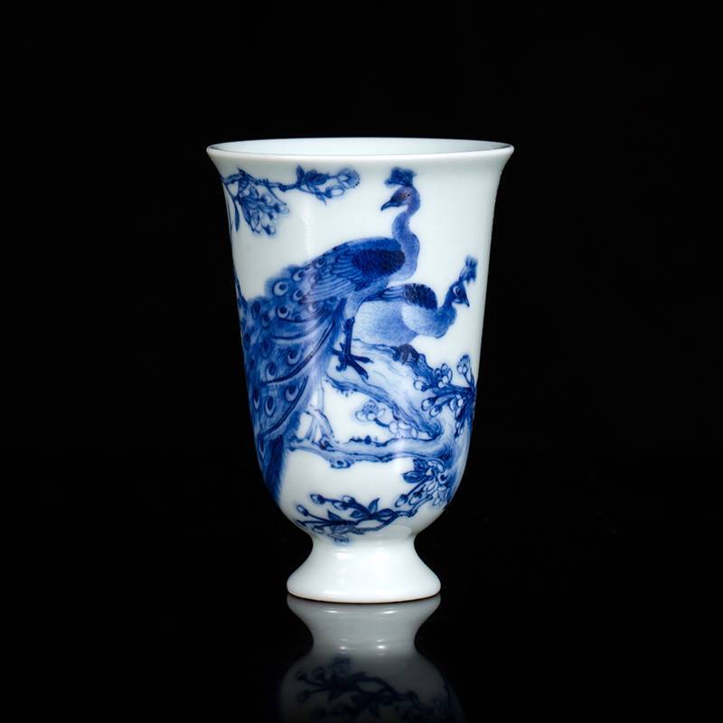 钟家窑 个人专用茶杯 景德镇柴窑青花吉祥如意孔雀高脚闻香主人杯
