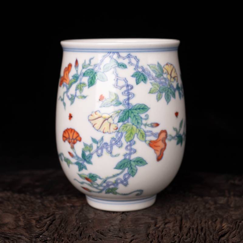 景德镇谭小保谈窑手绘青花斗彩牵牛花手握杯手工仿古主人杯茶杯